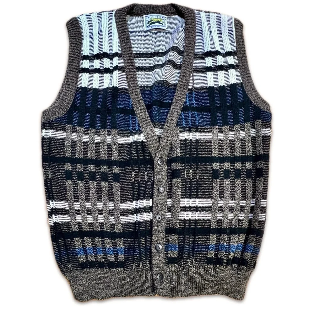 VINTAGE 80s plaid knit sweater vest button front cardigan earthy neutral grandpa